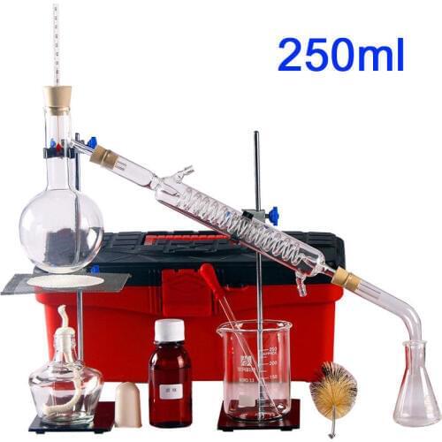 FLYYUEWO 250ml New Lab Essential Oil Distillation Apparatus Water Distiller Purifier Glassware Kits w/Condenser Pipe Full Sets