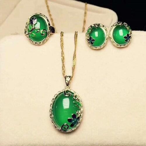Fine Jewelry Cloisonne Green Jade Ring of Necklace Earrings 925 Three Chalcedony Suit Craft