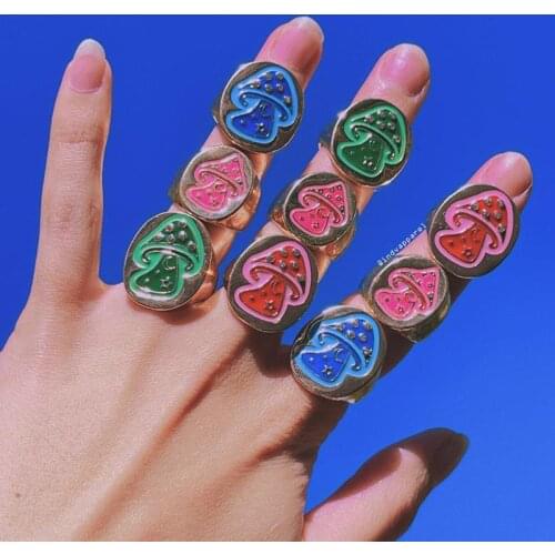 RETRO MUSHROOM Rings / Crystal Chunky Enamel Pink/ Statement Fungi Jewelry Summer Ring / Aesthetic Retro Y2K Shroom Gift KO3F