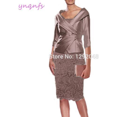 YNQNFS M195 Real Knee Length Dress Party Wedding Guest Wear 2 Piece Jacket Lace Outfits Brown Mother of the Bride Dresses 2019