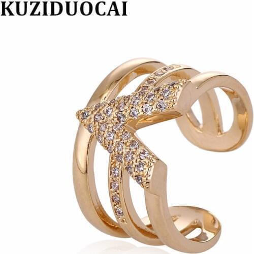 Kuziduocai 2018 New ! Fashion Fine Jewelry Titanium Steel Full Zircon Hollow Letter V Dazzling Wedding Rings For Women Gift R-20