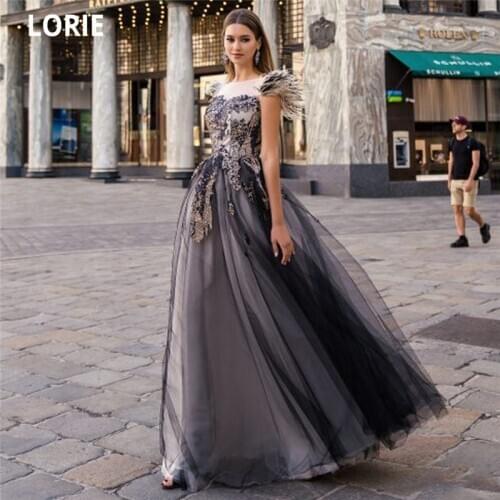 LORIE Fashion Evening Dresses Cap Sleeve Lace Appliques with Feathers Formal Prom Party Gowns Princess Celebrity Dresses Long