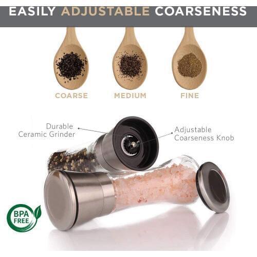FUNN-Premium Stainless Steel Salt and Pepper Grinder Set With Stand - Tall Salt and Pepper Shakers with Adjustable Coarseness
