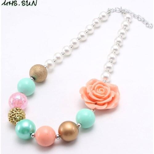 MHS.SUN Summer Style Kids Beads Necklace Fashion Girls Rose Flower Chunky Necklace For Baby Child Handmade Beaded Jewelry 1pcs