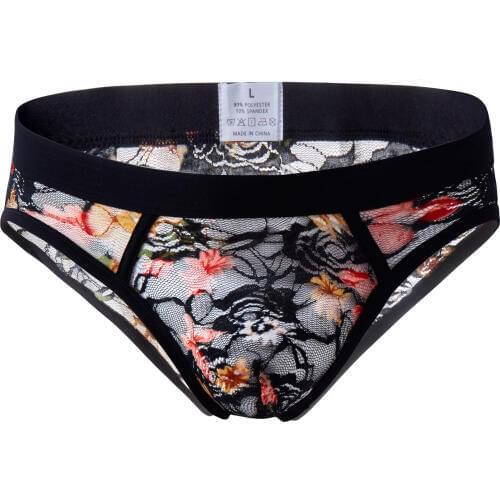 Sexy Gay Underwear Men Briefs Shorts Lace Transparent Panties For Man Floral Breathable Low Rise Pouch Underpants Cueca M-XXL
