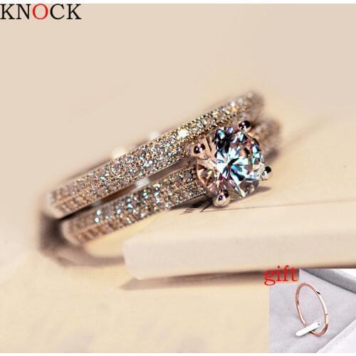 KNOCK Women Wedding Ring Set Sparkling Perfect Round Cut Zircon Stone Rings Female Party Jewelry 2 Color Silver&Rose Gold