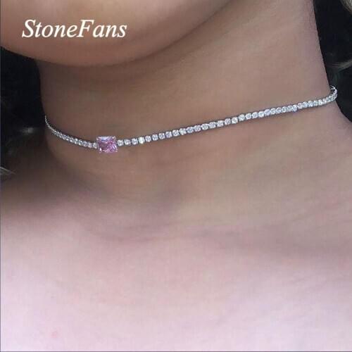 Stonefans Fashion Pink Crystal Necklace Silver Color Chain Choker for Women Simple Rhinestone Green Square Necklace Jewelry