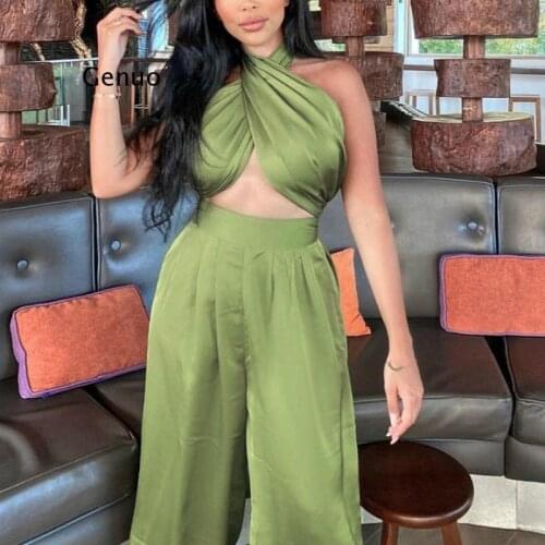 Sexy Chic Satin Women Two Piece Set Summer Halter Tank Top High Waist Palazzo Pants Set Gothic Party Club Lace Up Suit