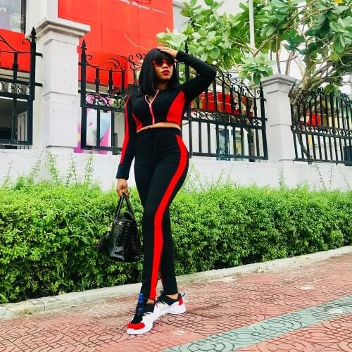 AHVIT Black Red Color Casual Sportswear Two Piece Suit Zipper Turn Down Collar Long Sleeve Crop Top And Striped Long Pants H1049