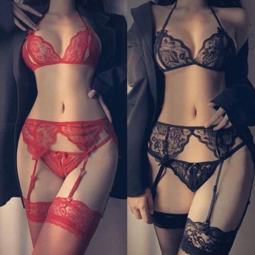 Sheer Lace Bra+Panties+Garters Net Stockings Babydoll Sexo Costumes Women Hot Exotic Open Bra Crotchless Lace Sexy Lingerie Set
