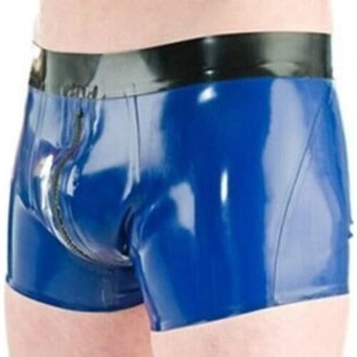 Sexy Blue 100% Natrual Latex Panties Rubber Men Box Shorts With Front Crotch Zipper