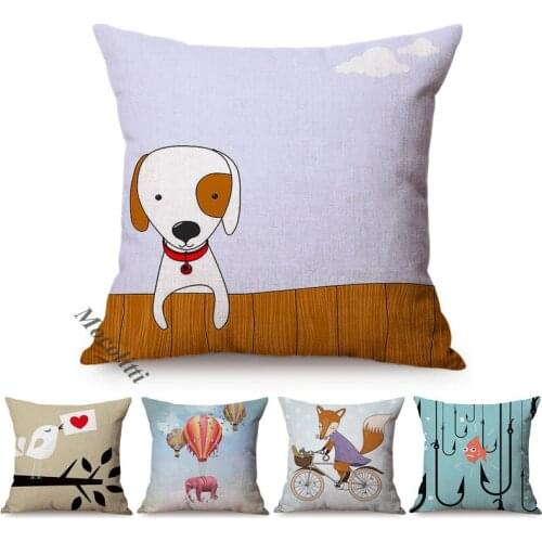 Cute Animals Cartoon Kids Gift Room Chair Decoration Throw Pillow Case Funny Cat Dog Fox Bear Linen Cotton Square Cushion Cover