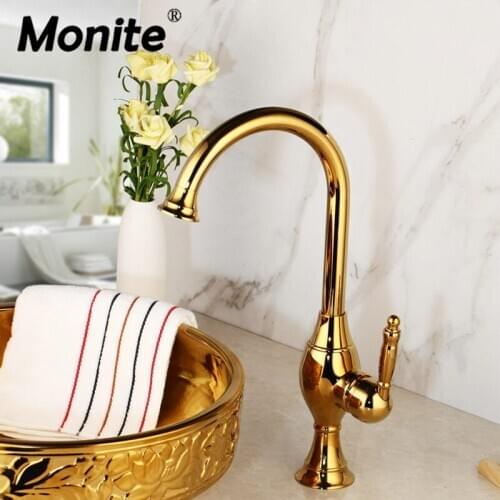 Monite Golden Plated Kitchen Faucet Gold Solid Brass Counter Top Mixer Tap Sink Faucet Vegetable Washing Basin Faucets Taps