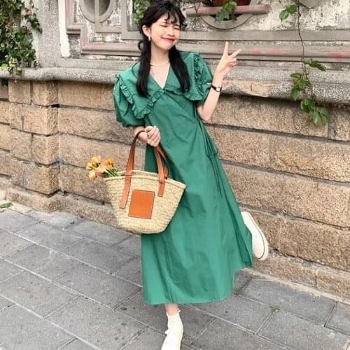Woman Dress Doll Collar Lace Short-sleeved Dress Female Summer New Style Korean A-line Mid-length Skirt Trend
