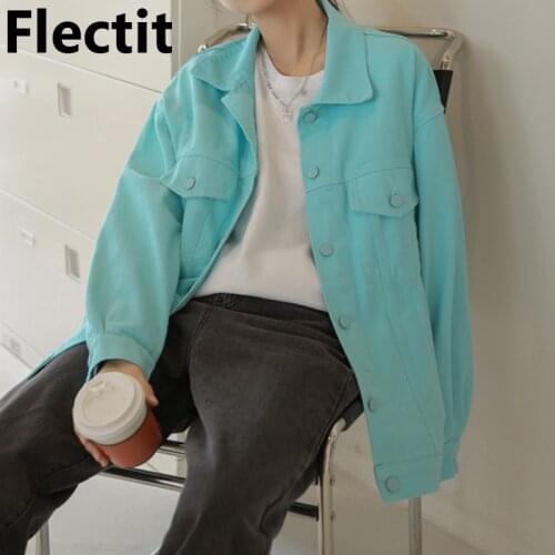 Flectit Womens Denim Coat Oversize Lapel Collared Drop Shoulder Chest Pocket Button Down Basic Jean Jacket Ladies Casual Outfit