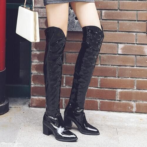 Patent PU Leather Women Over the Knee Boots Fashion Pointed Toe Square Heel Ladies Long Boots Slip on Women Winter Shoes Black