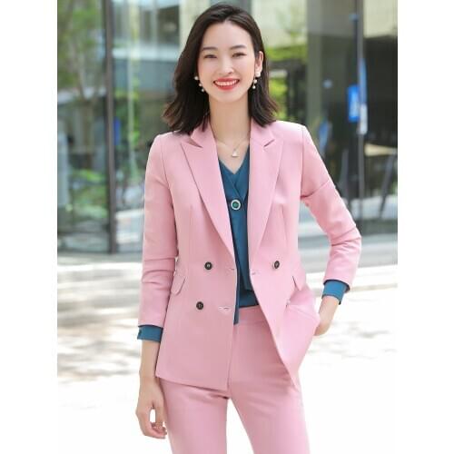 Formal Elegant Pink Women Pantsuits with Pants and Jackets Coat Autumn Winter Long Sleeve Business Work Wear OL Style Blazer Set