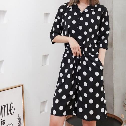 Lapel Jumpsuit womens summer French Retro Black Polka point Jumpsuit casual wide leg shorts skirt pants large size European and