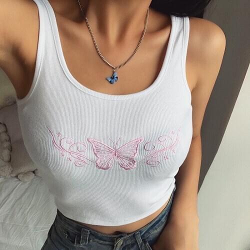 Embroidery Butterfly Women Tank Tops Tees Summer Sleevless Casual Crop Top Ladies White Fashion Mini Vest Streetwear