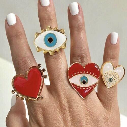 Unique Design Heart Eye Open Rings For Women Gold Plated Red Love Heart Blue Eyes Adjustable Opening Ring Fashion Party Jewelry