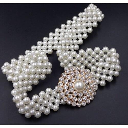 Women Bridal Imitation Pearl Stretch Waist Belt Chain With Rhinestone Buckle Wedding Dress Gown Decorative Jewelry