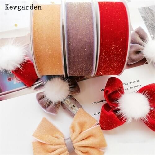 Kewgarden Golden Glitter Flocking Velvet Ribbon 1" 25mm Handmade Tape DIY Hairbow Accessories Riband Packing Webbing 10 Yards