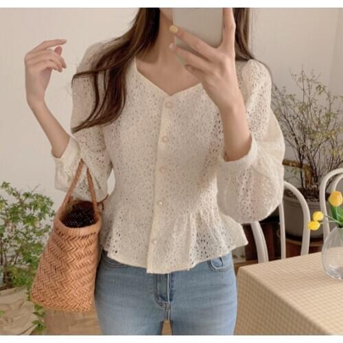 2021 Spring Sweet V-neck Hollow out blouse Slim waist Women lace shirt Puff sleeve Back Bow tie Crochet Tops