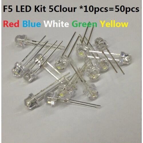 5 Colour *10pcs=50pcs Straw hat F5 LED 5MM Red Blue White Green Yellow Assorted kit set transparent cover pack DIY