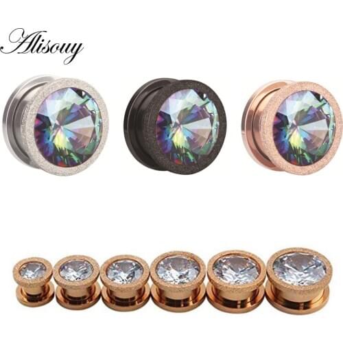 Alisouy 2pc Stainless Steel Screw Ear Tunnel Plug Scrub Cubic Zircon Ear Gauges Plugs Tunnels Expander Body Piercing Jewelry