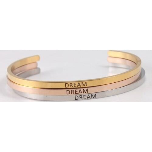 Stainless Steel Bangle Engraved ''DREAM'' Positive Inspirational Quote Handmade Cuff Mantra Bracelets Bangles
