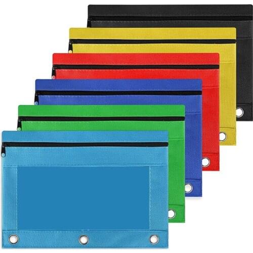 6 Pack 3 Ring Zipper Pencil Pouch Colorful Fabric Pencil Case Sturdy And Durable Binder Pouch With Clear Window Suitable