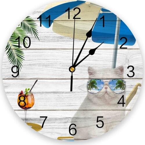 Wood Beach Cat Palm Tree Sunglasses Wall Clock Kitchen Home Living Room Bedroom Decorative Kids Room Wall Decor Hanging Clocks