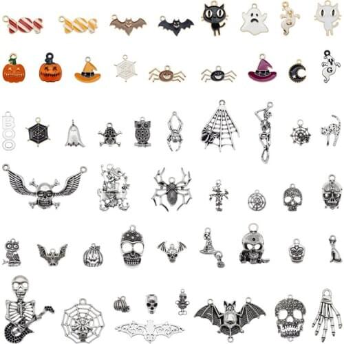 Julie Wang Halloween Charms Mixed Enamel Alloy Candy Ghost Pumpkin Bat Spider Cat Hat Skull Pendant Jewelry Making Accessory