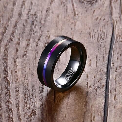8mm Tungsten Carbide Sand Finish Black Wedding Rings Anniversary Rings with Rainbow Grooving Inlay