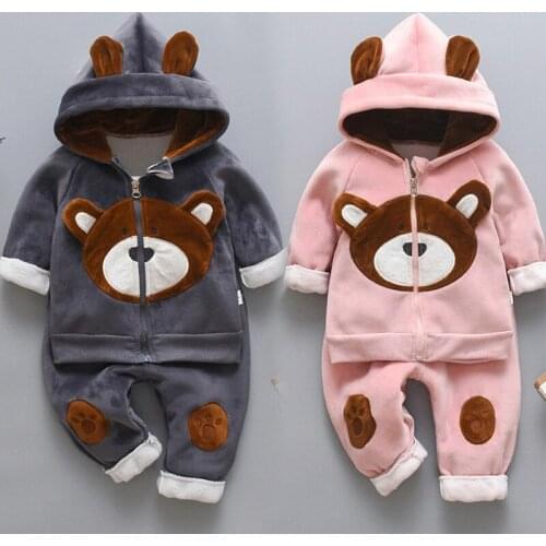 Baby Boys Clothes Set Neutral Children Winter Velvet Warm Suit Kids Casual Wear Toddler Cartoon Bear Clothes 0-3 Years Baby Girl