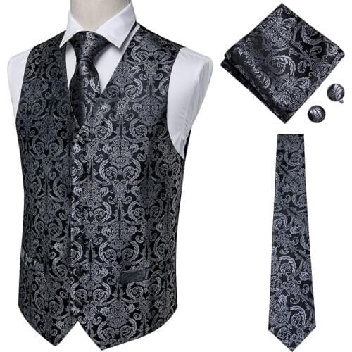 Hi-Tie Mens Vest Classic Solid Paisley Jacquard Silk Waistcoat Handerky Cufflinks Set Party Wedding Vest Suit Set Black MJ-0010