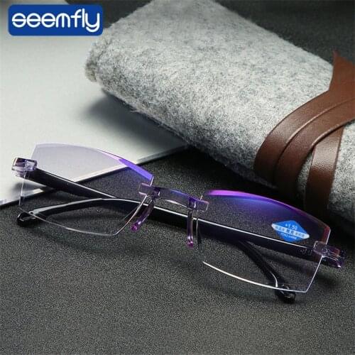 Seemfly Men Reading Glasses Anti Blue Light Women Rimless Far Sighted Presbyopic Eyewear Diopter Goggles +1.0 1.5 2 2.5 3.0 3.5