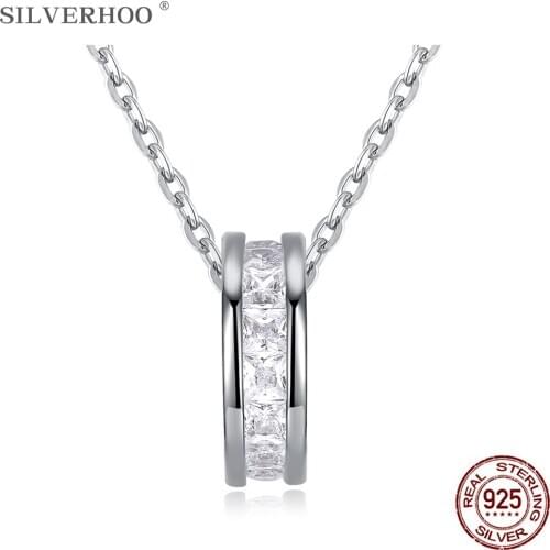 SILVERHOO 925 Sterling Silver Simple Round Scroll Wheel Pendant Necklaces For Women Shining Zircon Luxury Necklace Fine Jewelry