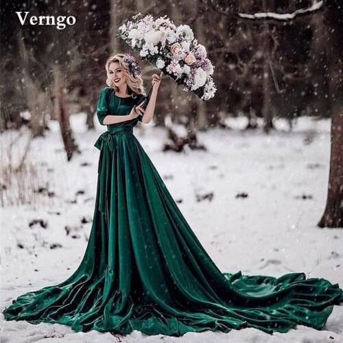 Verngo Dark Green Satin A Line Evening Dresses Half Sleeves O Neck Backless Long Train Simple Prom Gowns For Women Photoshoot