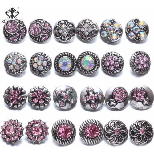 Royalbeier 24pcs Pink Mixed Pairs Rhinestone Styles Metal Charms 12mm Snap Button Jewelry For Snaps Bracelet Snap Jewelry