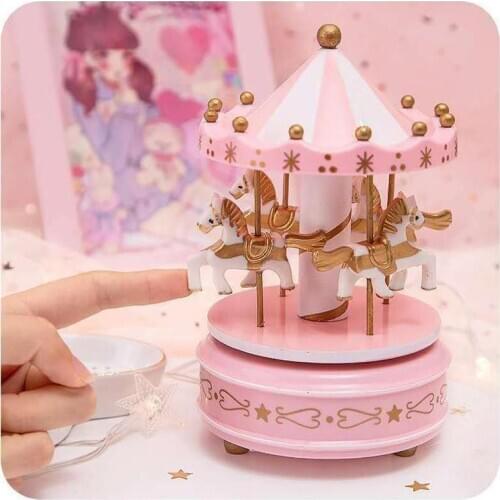 Wind Up Wooden Horse Roundabout Carousel Musical Box Merry-Go-Round Music Boxes Room Geometric Music Decoration Gifts Unisex
