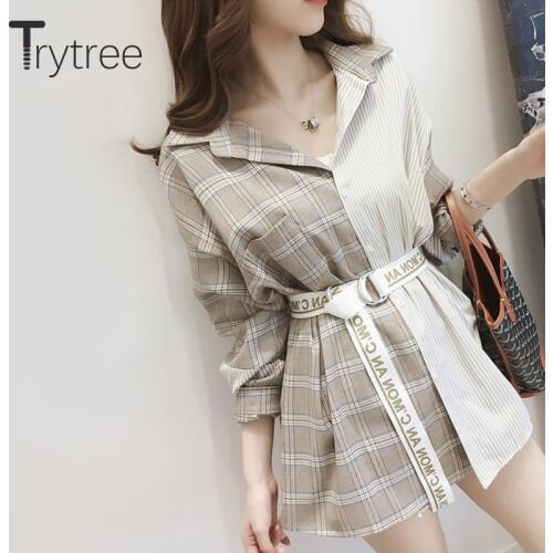 Ttytree Autumn Asymmetrical Plaid Blouses Casual shirt Women Turn-down Collar Single-breasted Letter Sashes Tops Long Shirts