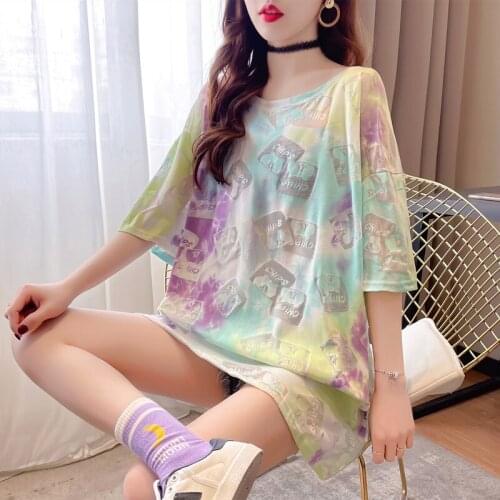 2021 summer long T-shirt female O-neck neon tie-dye short-sleeved loose casual hollow Harajuku hip hop top fashion streetwear