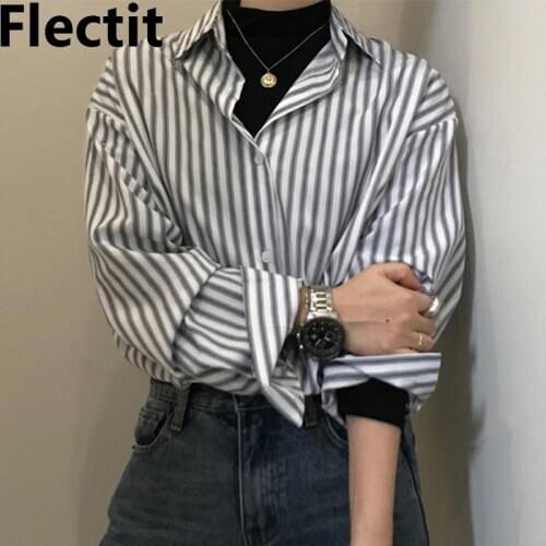 Flectit Women Vertical Striped Shirt Collared Button Down Long Sleeve Boyfriend Style Spring Summer Tops 2021 Korean Fashion