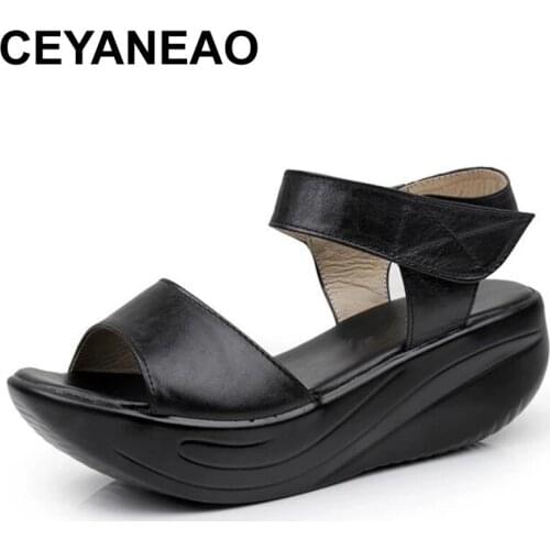 CEYANEAOHot Sale 2021 New Open Toe Genuine Leather Sandals Women Casual Sandals Platform Shoes Wedges Sandals Women Shoes Summer