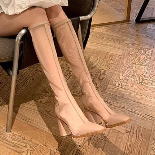 2021 Summer Sandals Women 's Summer Hollow Mesh Slimming New Authentic Leather Square Toe Chunky Heel High-Top Sandals