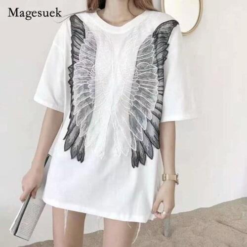 Korean Style Summer Women T-shirt Solid Cotton O-Neck Loose Tops Lace Floral Splicing Short Sleeve Office Lady Casual Tops 13951