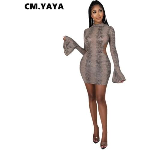 CM.YAYA Women Mini Dress Print Flare Sleeve Backless Bandage Dresses Skinny Bodycon Sexy Night Party Vestidos Autumn Outfits
