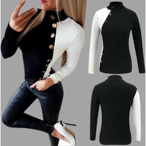 Winter Fashion Women Bodycon Patchwork High Neck 2019 New White Black Slim Long Sleeve Turtleneck Casual Buttons Tops T-shirt