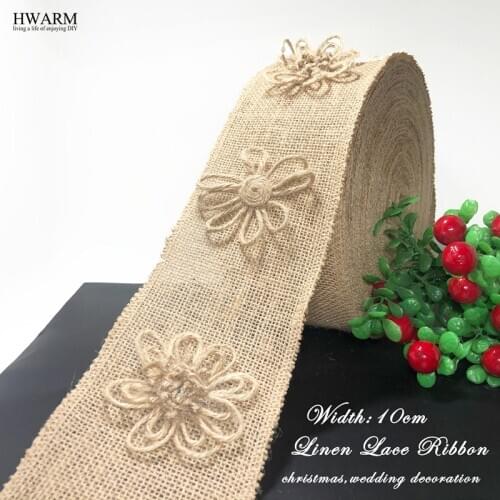 2yard 10cm wedding trim christmas linen lace fabric ribbon with linen Chrysanthemum DIY sewing christmas decoration for home